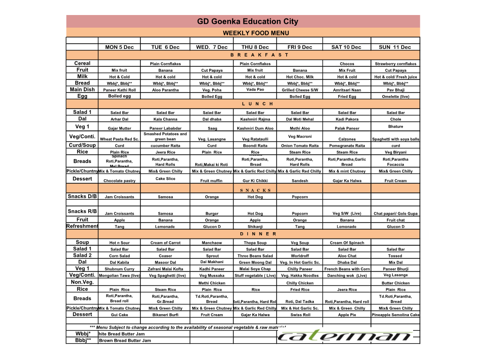 GD Goenka Education City WEEKLY FOOD MENU