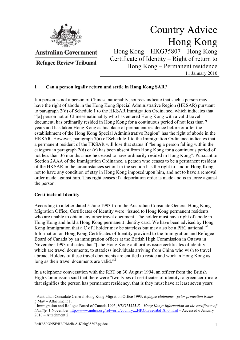 Hong Kong – Hong Kong Certificate of Identity – Right of Return to Hong