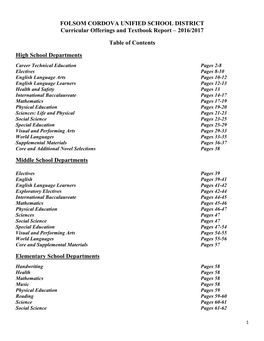 FOLSOM CORDOVA UNIFIED SCHOOL DISTRICT Curricular Offerings and Textbook Report – 2016/2017