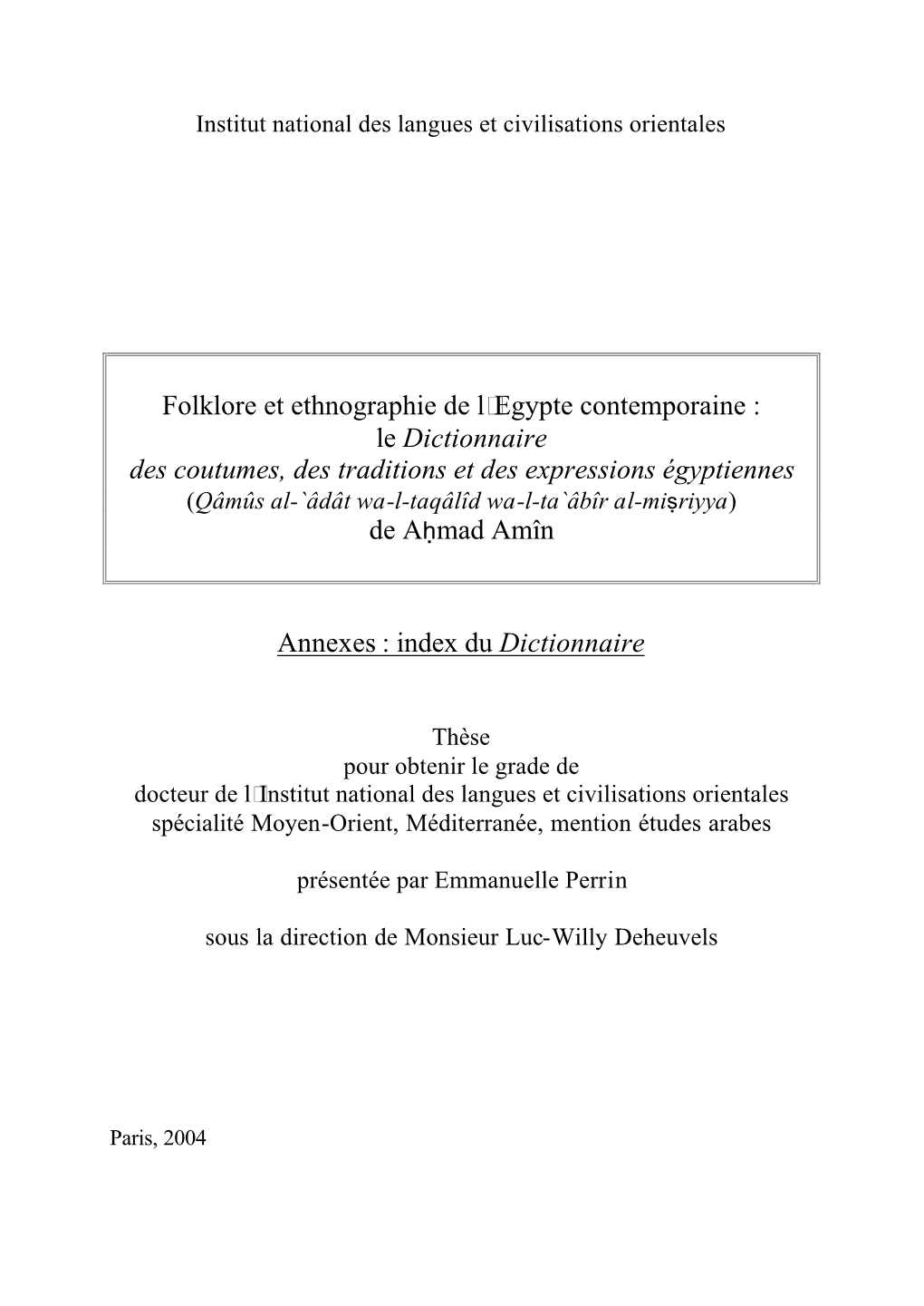 Annexes : Index Du Dictionnaire Folklore Et