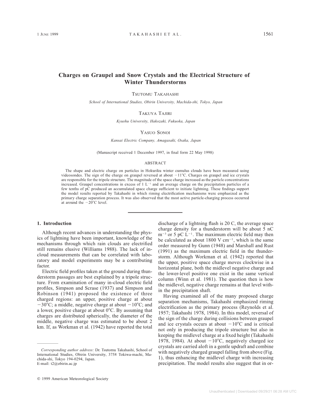 Charges on Graupel and Snow Crystals and the Electrical Structure of Winter Thunderstorms