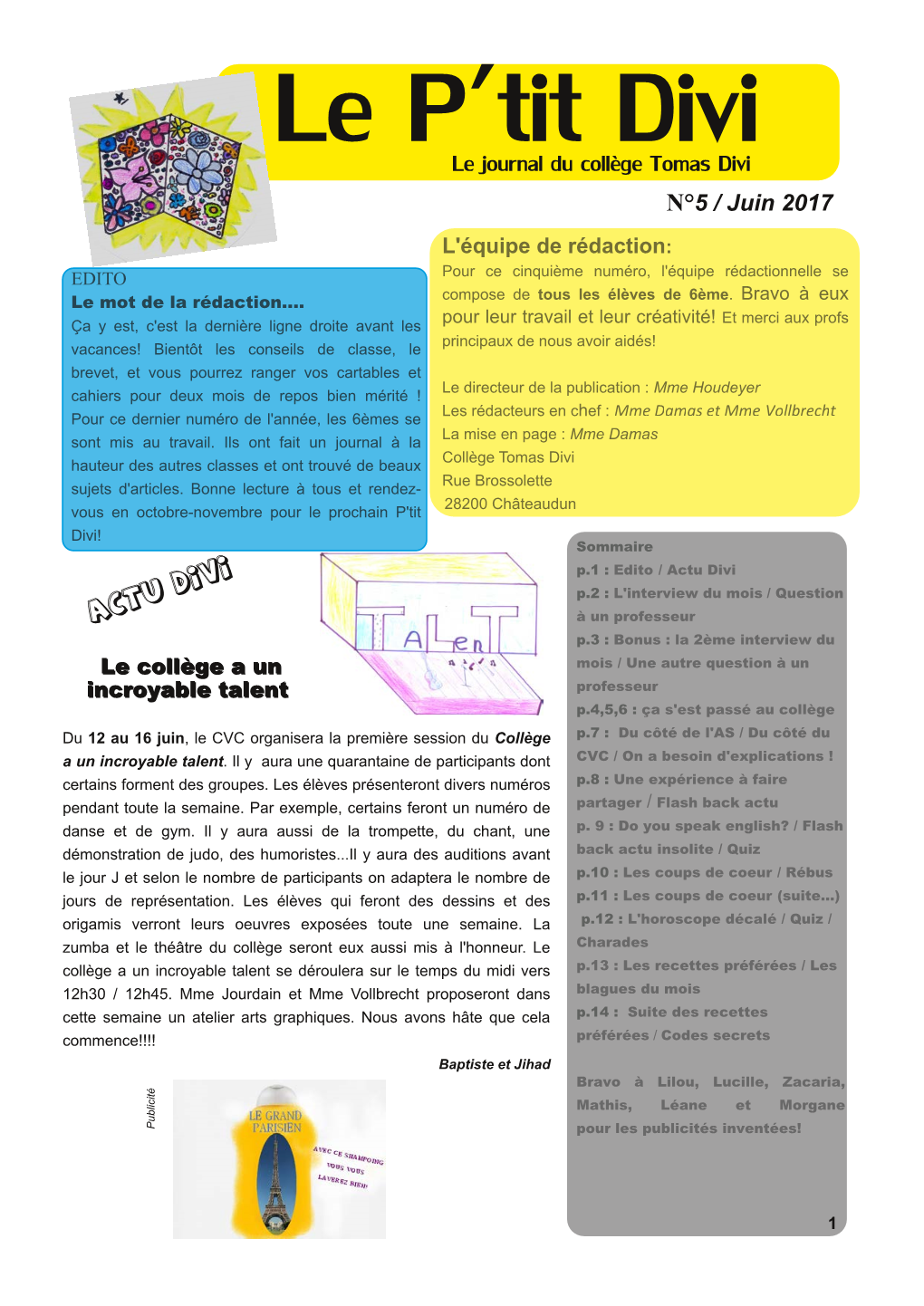Le P'tit Divi Le Journal Du Collège Tomas Divi N°5 / Juin 2017
