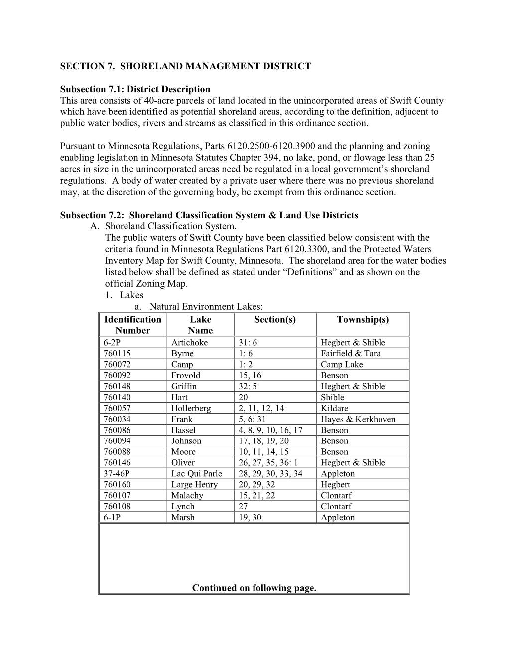 Section 7. Shoreland Management District