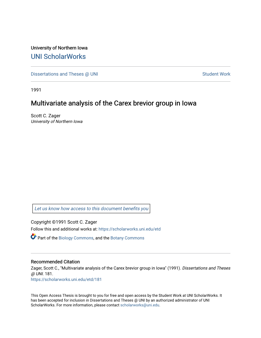 Multivariate Analysis of the Carex Brevior Group in Iowa