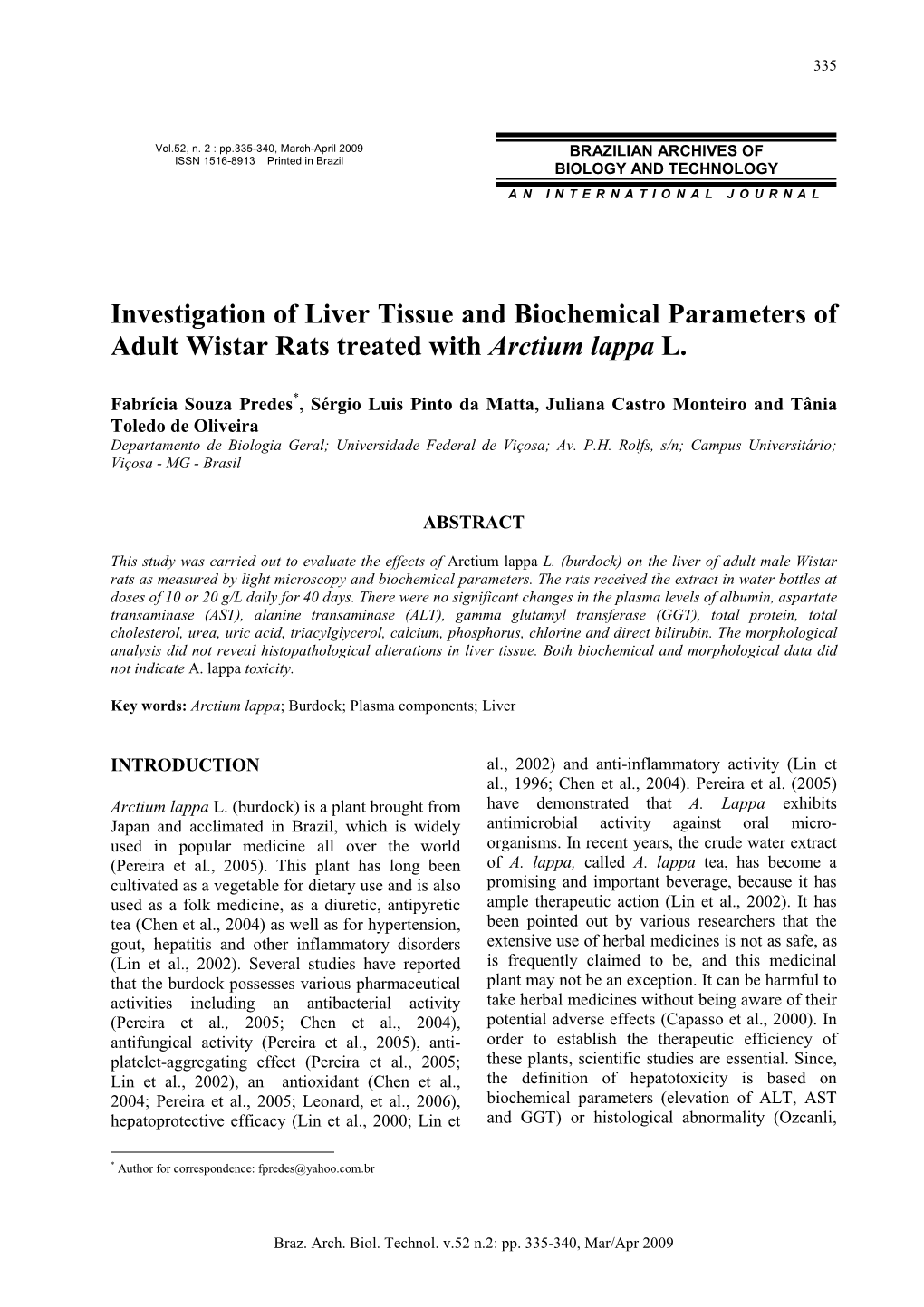 Investigation of Liver Tissue and Biochemical Parameters of Adult Wistar Rats Treated with Arctium Lappa L