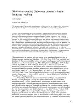 Nineteenth-Century Discourses on Translation in Language Teaching
