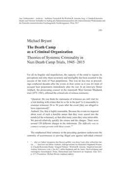 Michael Bryant the Death Camp As a Criminal Organization Theories of Systemic Criminality in Nazi Death Camp Trials, 1945–2015