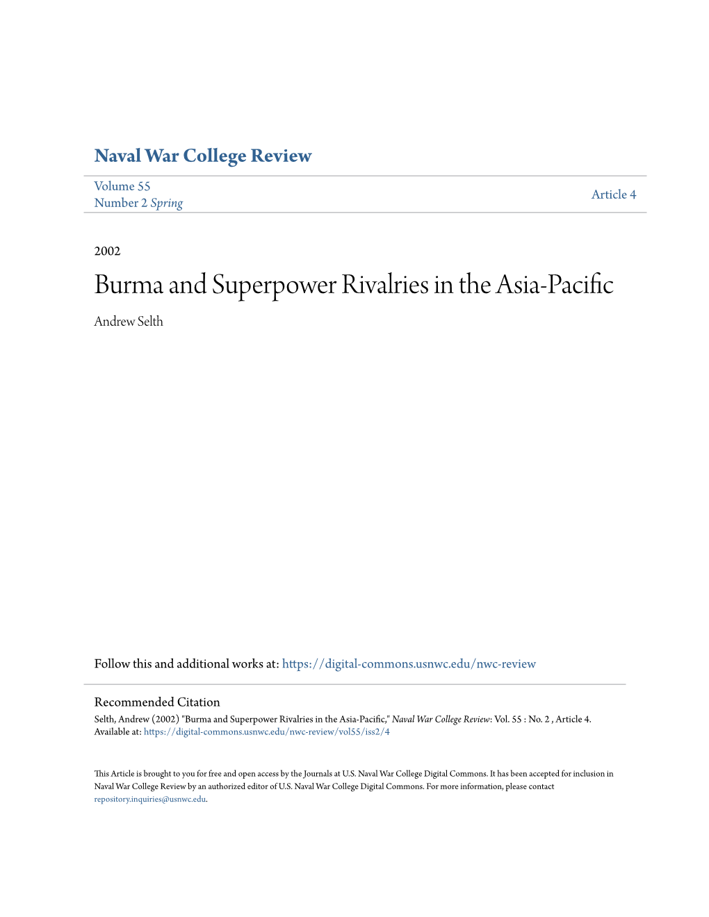 Burma and Superpower Rivalries in the Asia-Pacific Andrew Selth