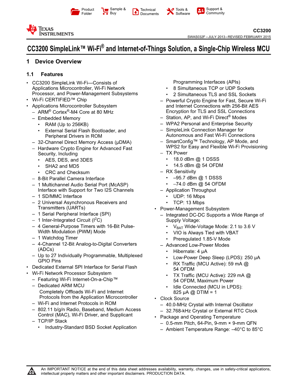 CC3200 Simplelink, Wi-Fi Internet-Of-Things Solution