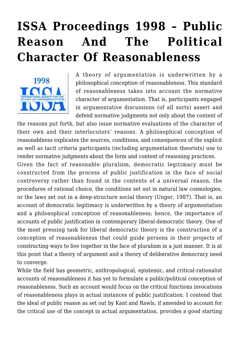 Public Reason and the Political Character of Reasonableness