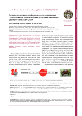 Distribution Notes on the Endangered Freshwater Crab Ceylonthelphusa Armata Ng (1995) (Crustacea: Brachyura