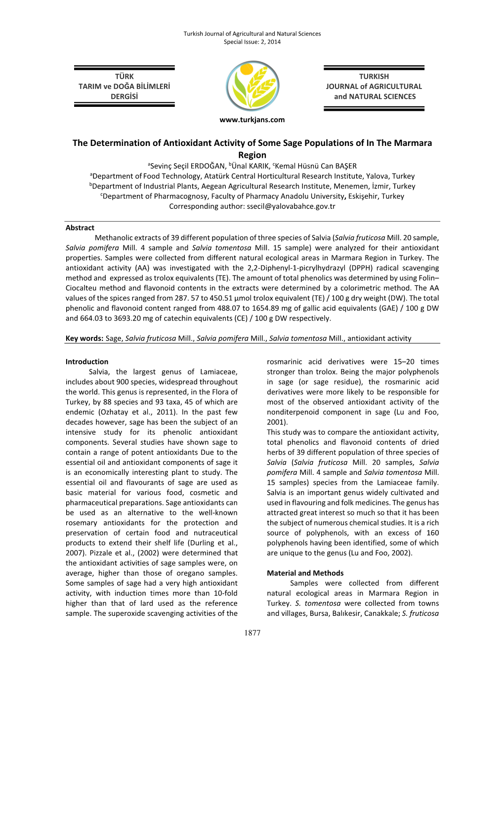 The Determination of Antioxidant Activity of Some Sage Populations