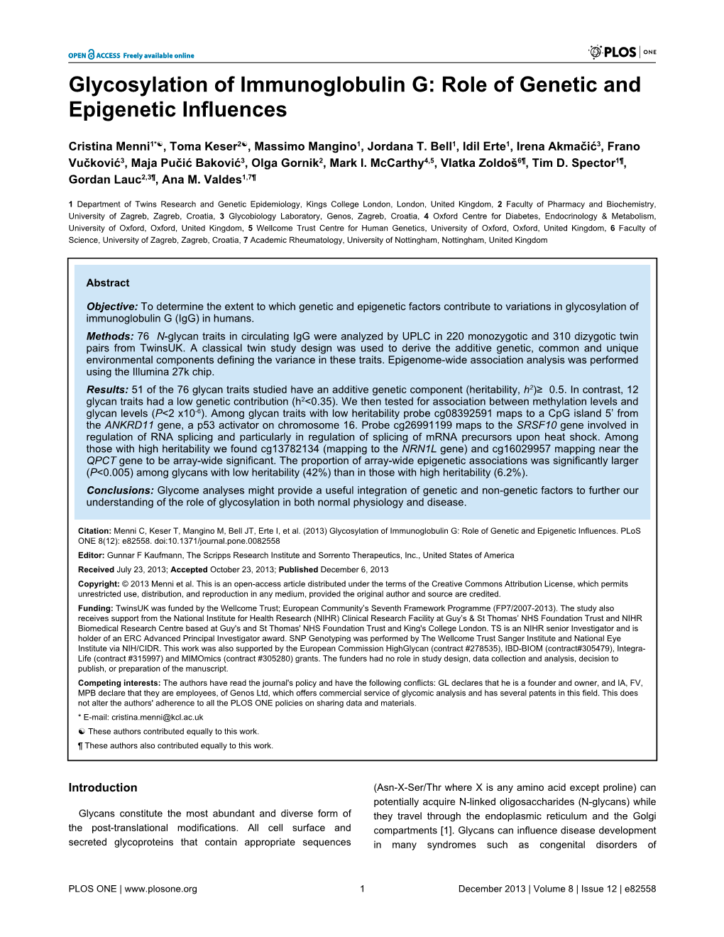 Glycosylation of Immunoglobulin G: Role of Genetic and Epigenetic Influences