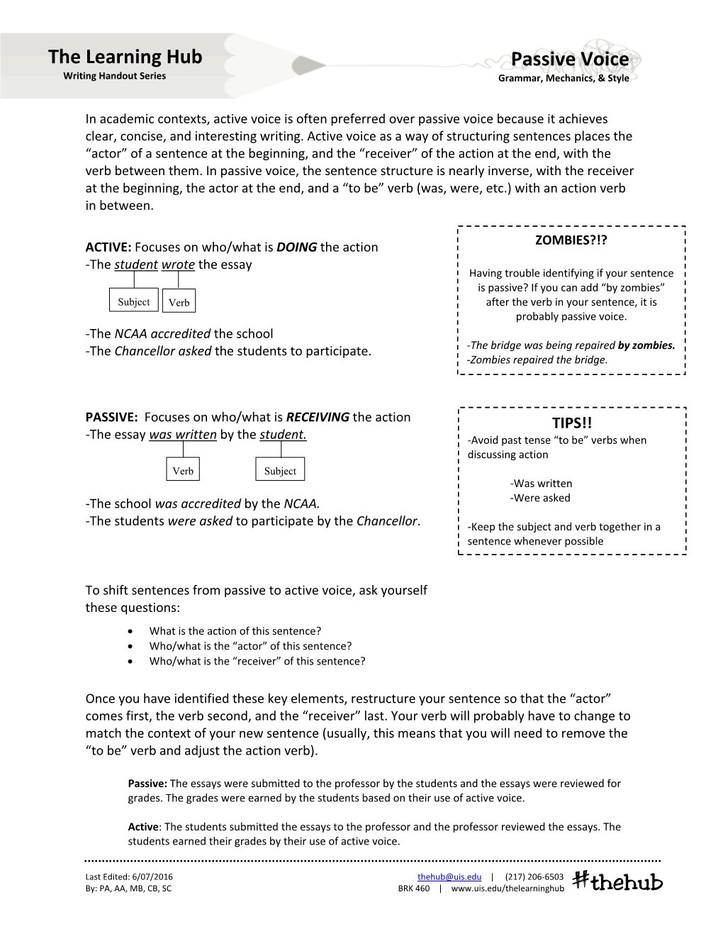 Passive Voice Writing Handout Series Grammar, Mechanics, & Style