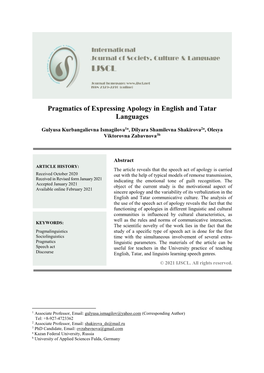 Pragmatics of Expressing Apology in English and Tatar Languages