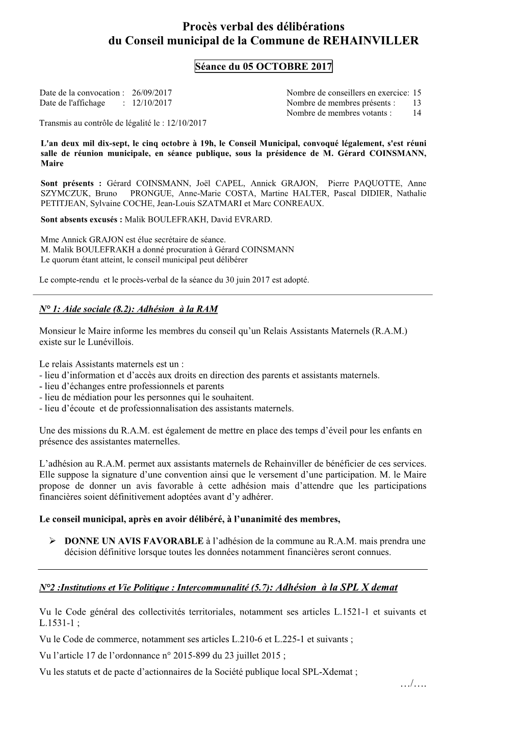 Procès Verbal Des Délibérations Du Conseil Municipal De La Commune De REHAINVILLER