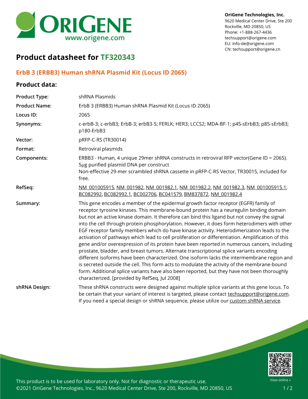 Erbb 3 (ERBB3) Human Shrna Plasmid Kit (Locus ID 2065) Product Data