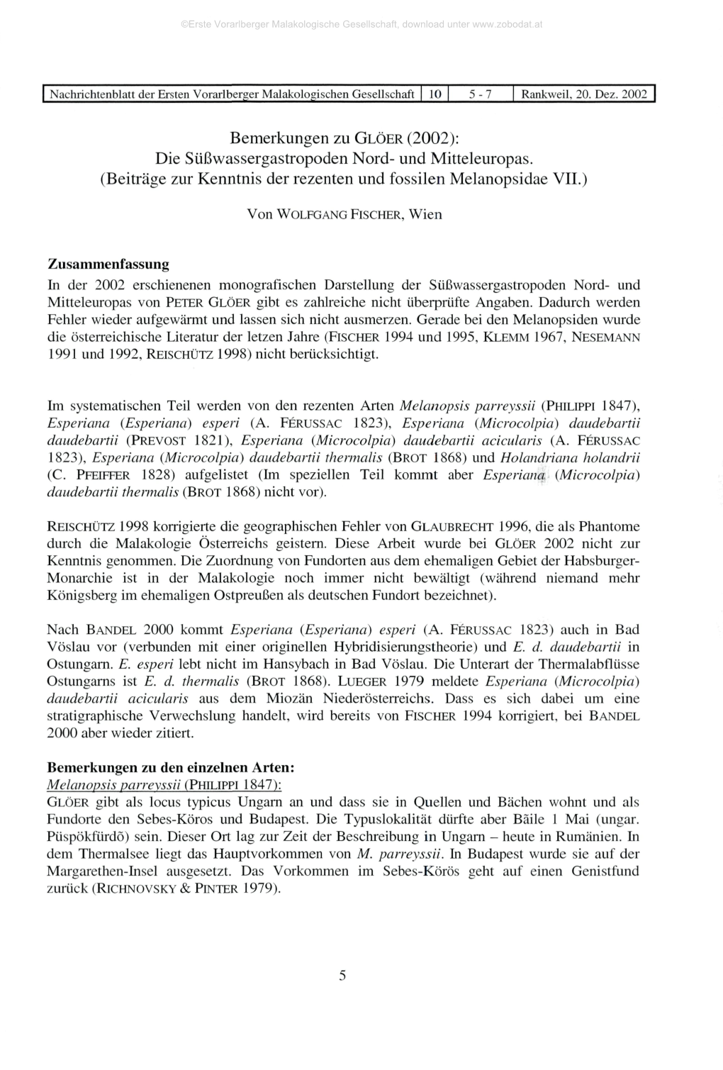 Bemerkungen Zu GLÖER (2002): Die Süßwassergastropoden Nord- Und Mitteleuropas