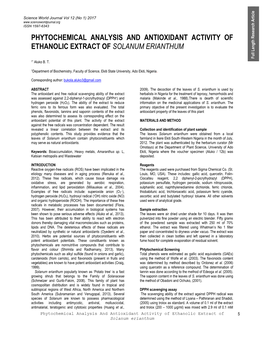 Phytochemical Analysis and Antioxidant Activity of Ethanolic Extract of Solanum Erianthum