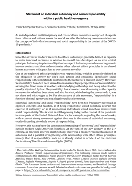 Statement on Individual Autonomy and Social Responsibility Within a Public Health Emergency