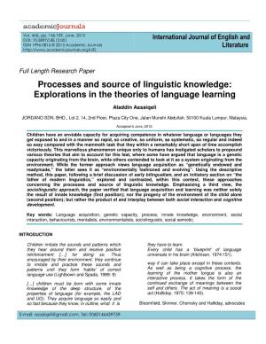 Processes and Source of Linguistic Knowledge: Explorations in the Theories of Language Learning