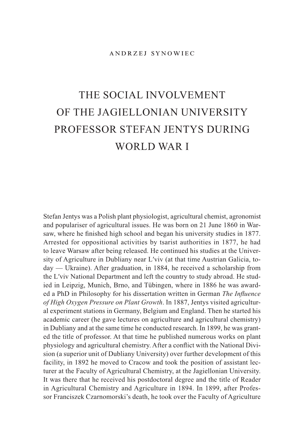 The Social Involvement of the Jagiellonian University Professor Stefan Jentys During World War I