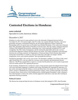 Contested Elections in Honduras Name Redacted Specialist in Latin American Affairs