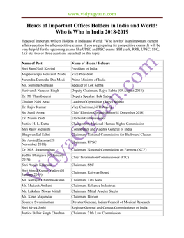 Heads of Important Offices Holders in India and World: Who Is Who in India 2018-2019