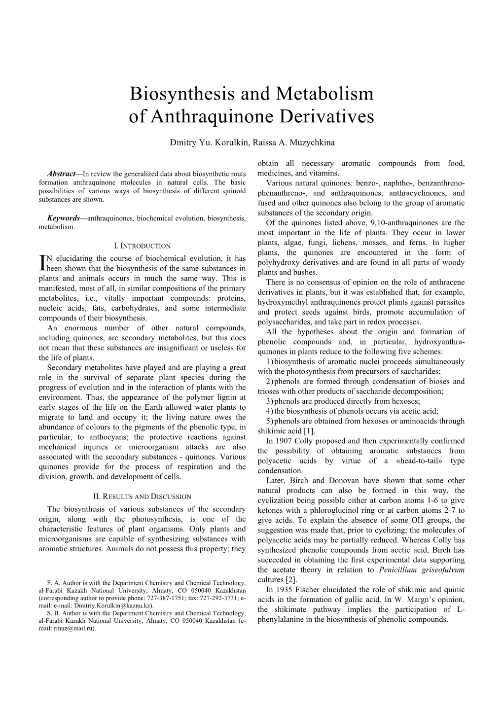 Biosynthesis and Metabolism of Anthraquinone Derivatives