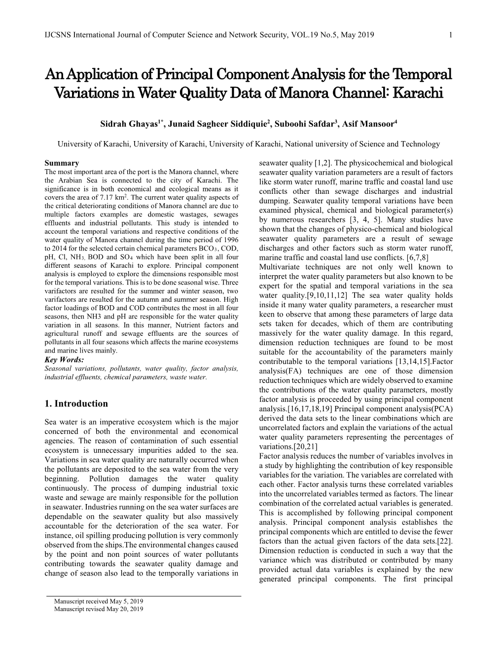An Application of Principal Component Analysis for the Temporal Variations in Water Quality Data of Manora Channel: Karachi