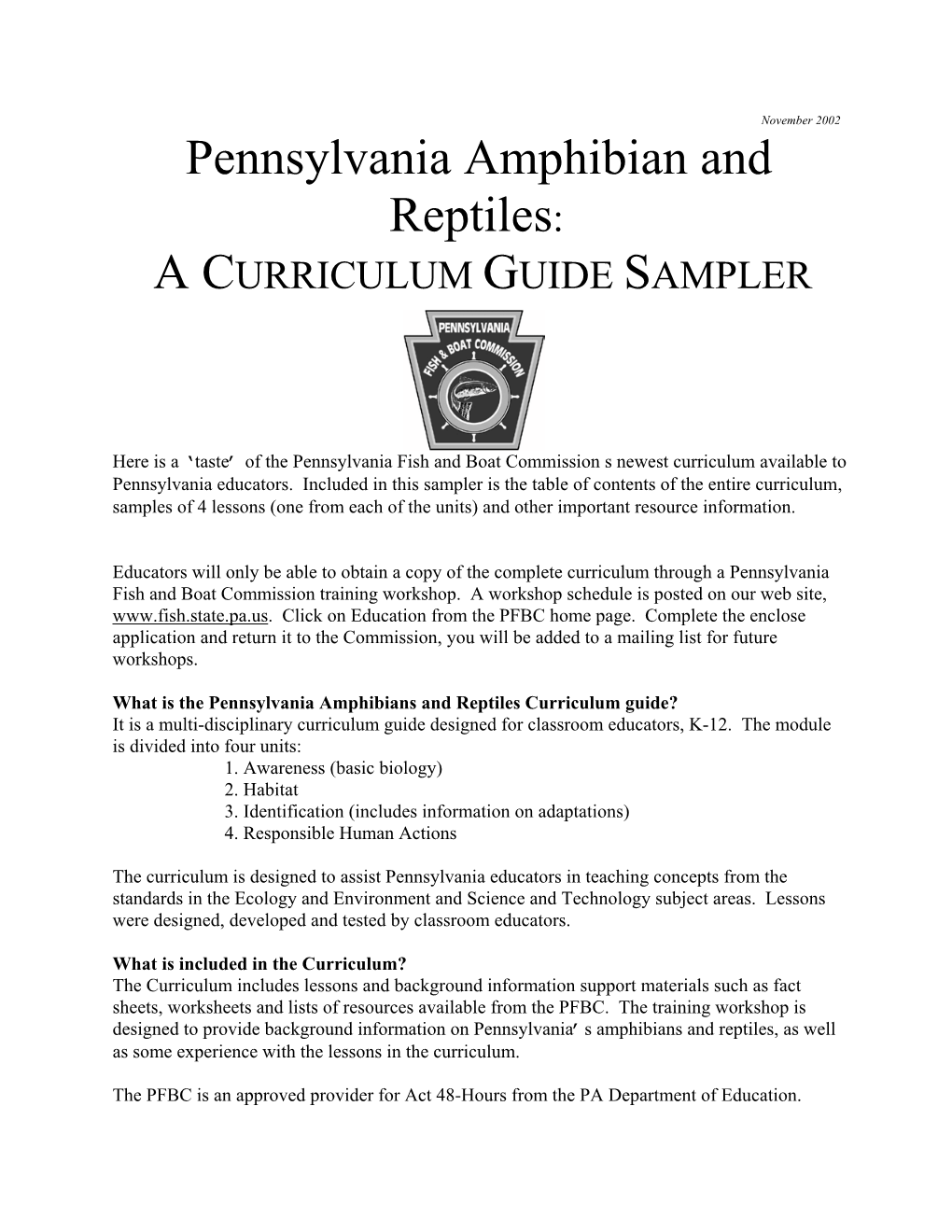 PA Amphibians and Reptiles Curriculum Guide Sampler