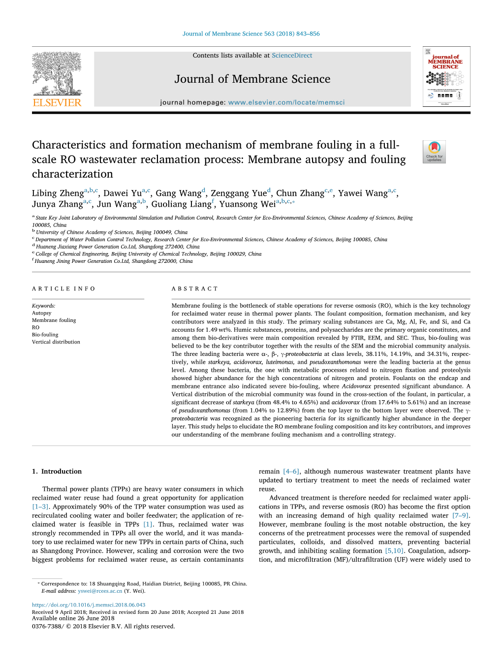 Characteristics and Formation Mechanism of Membrane Fouling in a Full- Scale RO Wastewater Reclamation Process: Membrane Autopsy and Fouling T Characterization