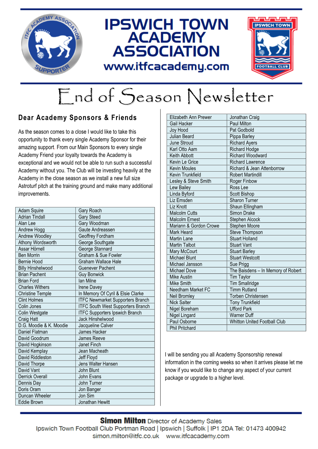 End of Season Newsletter