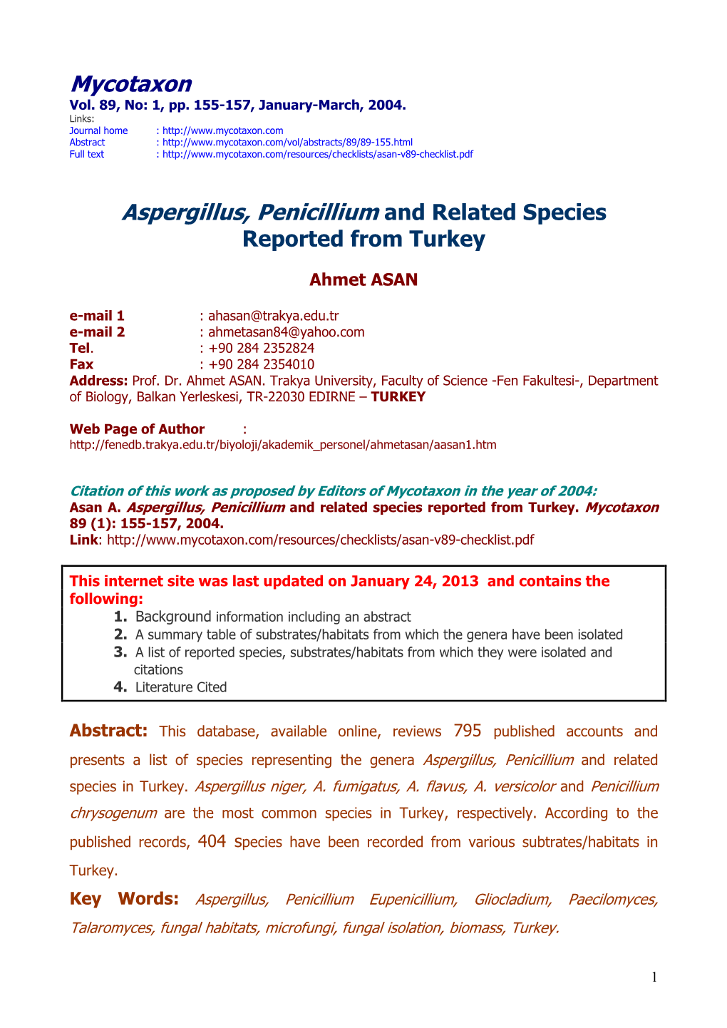 Aspergillus, Penicillium and Related Species Reported from Turkey