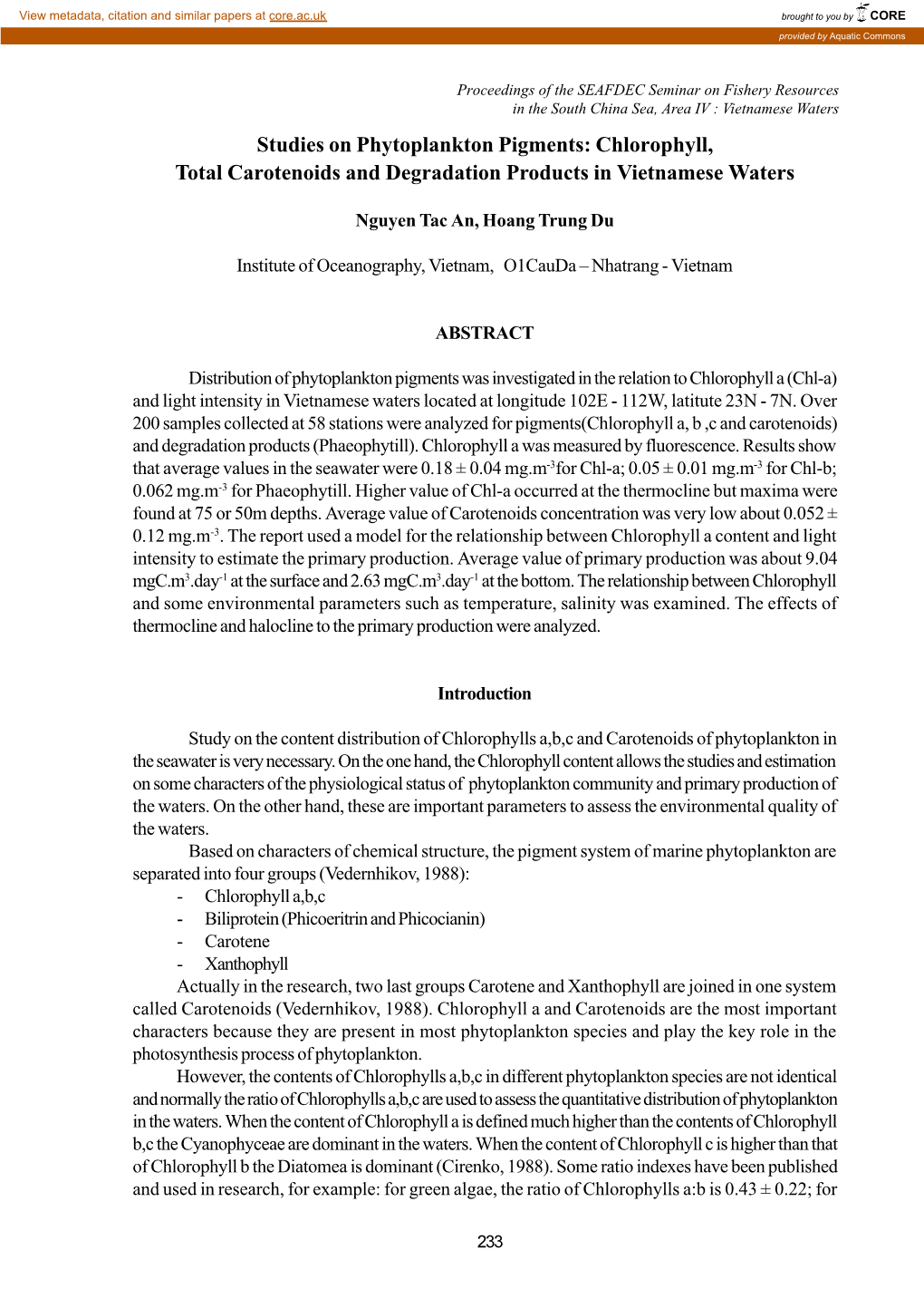 Studies on Phytoplankton Pigments: Chlorophyll, Total Carotenoids and Degradation Products in Vietnamese Waters