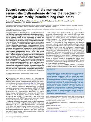 Subunit Composition of the Mammalian Serine-Palmitoyltransferase Defines the Spectrum of Straight and Methyl-Branched Long-Chain Bases
