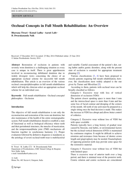 Occlusal Concepts in Full Mouth Rehabilitation: an Overview