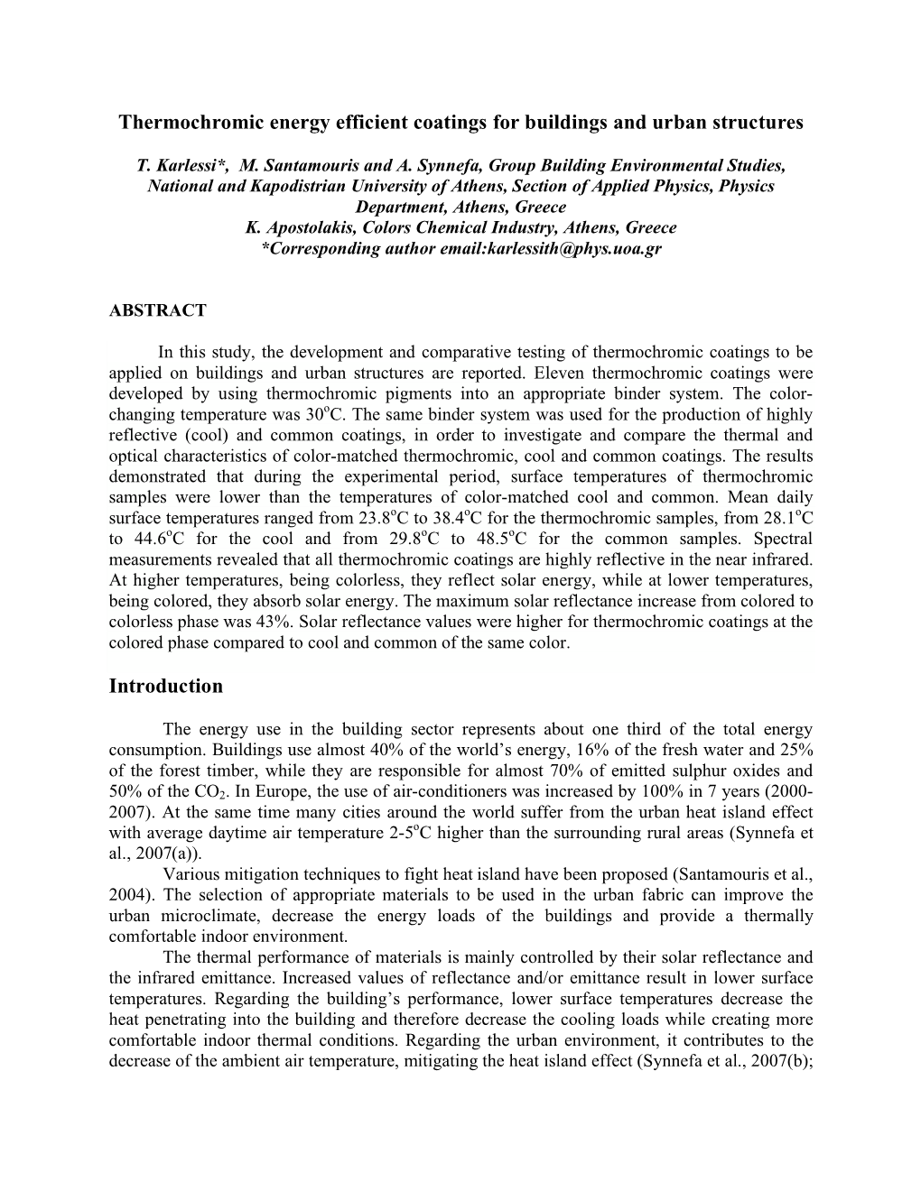 Thermochromic Energy Efficient Coatings for Buildings and Urban Structures