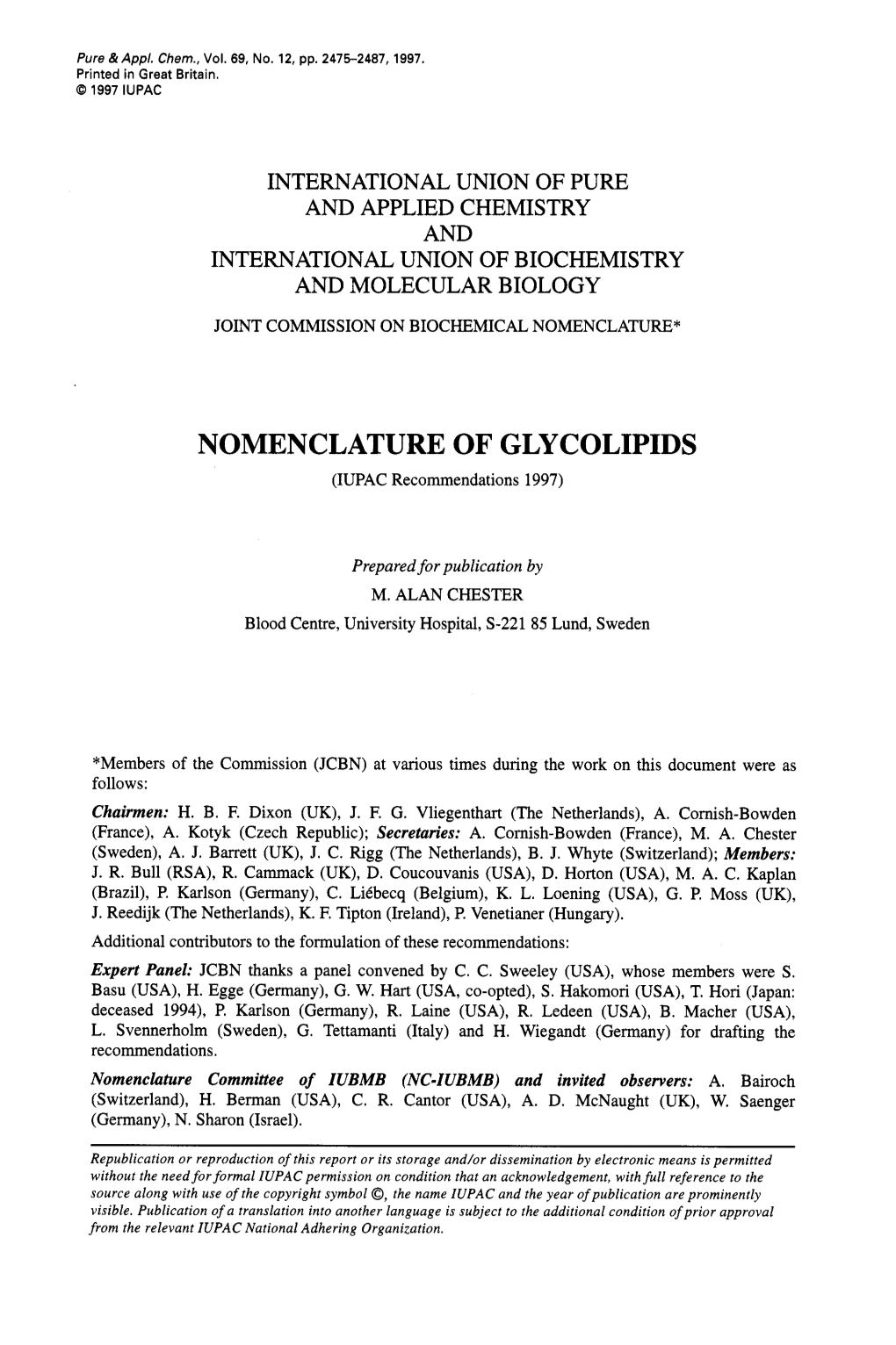 NOMENCLATURE of GLYCOLIPIDS (IUPAC Recommendations 1997)