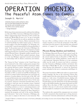 OPERATION PHOENIX: the Peaceful Atom Comes to Campus Joseph D