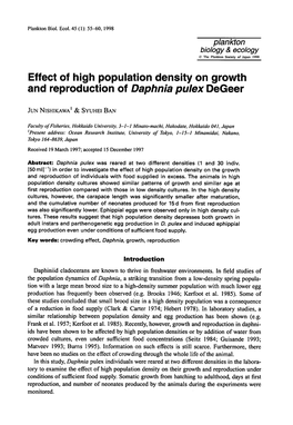 Effect of High Population Density on Growth and Reproduction of Daphnia Pulex Degeer