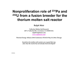 Nonproliferation Role of 231Pa and 232U from a Fusion Breeder for the Thorium Molten Salt Reactor