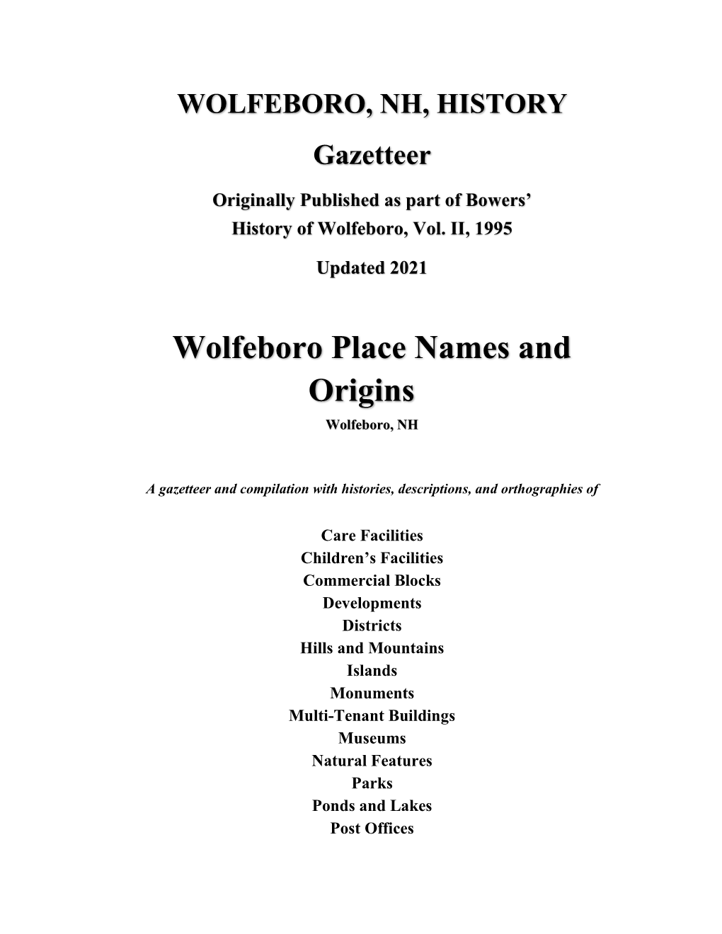 WOLFEBORO, NH, HISTORY Gazetteer