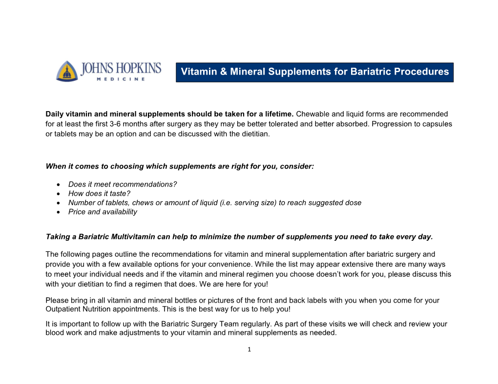 Vitamin & Mineral Supplements for Bariatric Procedures