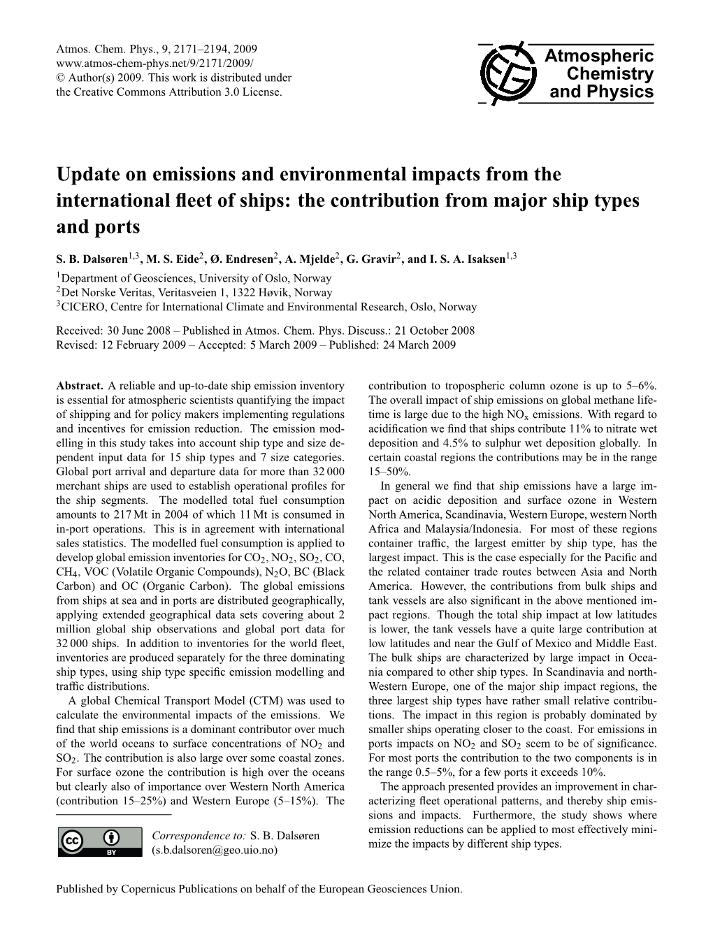 Update on Emissions and Environmental Impacts from the International ﬂeet of Ships: the Contribution from Major Ship Types and Ports