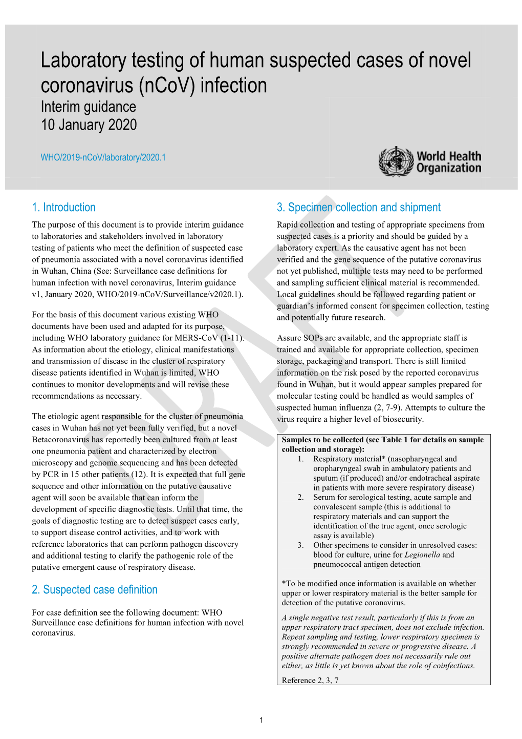 Laboratory Testing of Human Suspected Cases of Novel Coronavirus (Ncov) Infection Interim Guidance 10 January 2020