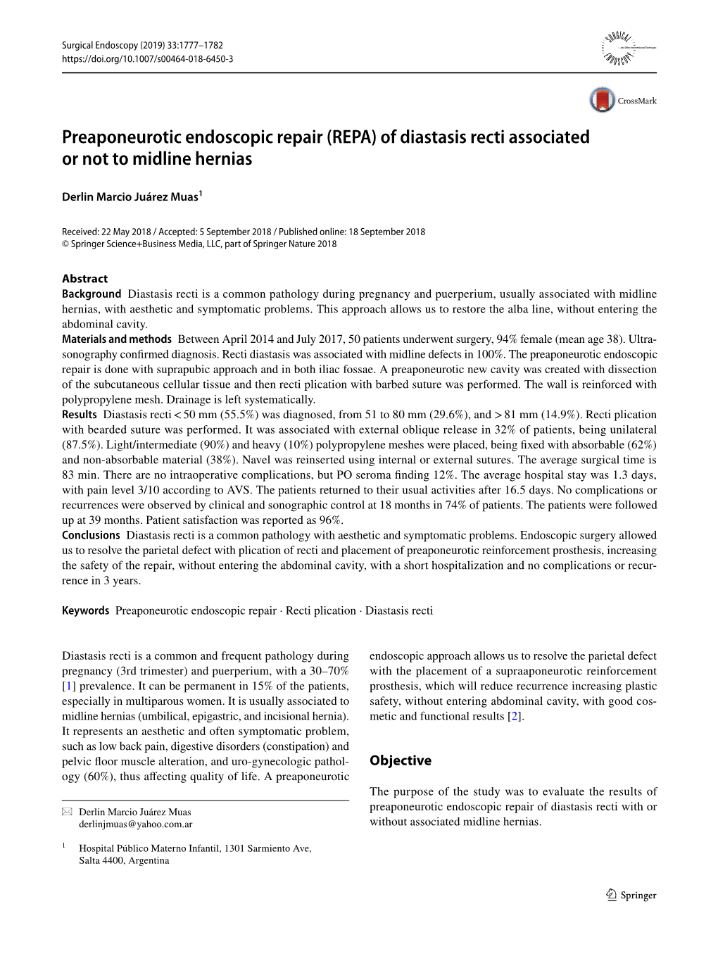 Preaponeurotic Endoscopic Repair (REPA) of Diastasis Recti Associated Or Not to Midline Hernias