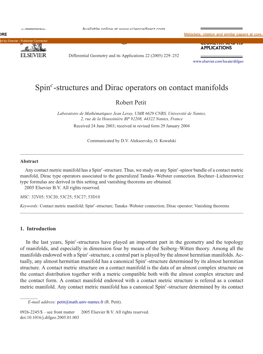 Spin -Structures and Dirac Operators on Contact Manifolds