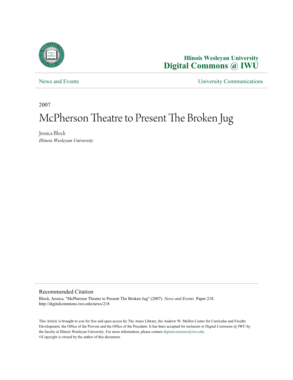Mcpherson Theatre to Present the Broken Jug" (2007)