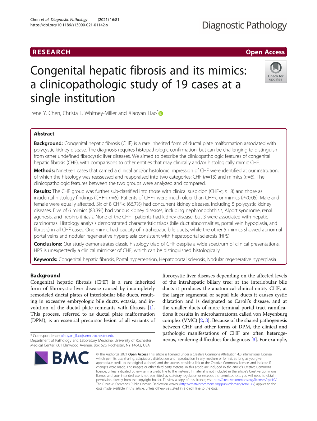 Congenital Hepatic Fibrosis and Its Mimics: a Clinicopathologic Study of 19 Cases at a Single Institution Irene Y